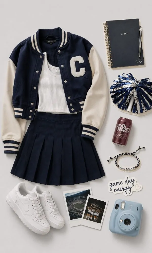 Varsity jacket with pleated skirt outfit for teenage girls