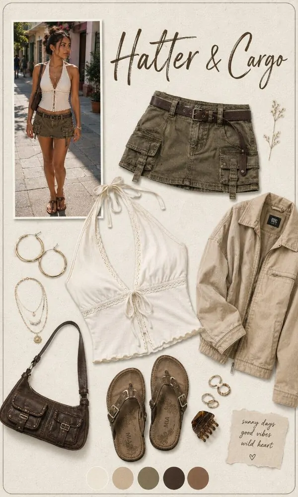 Halter top with low-rise cargo skirt outfit for teenage girls
