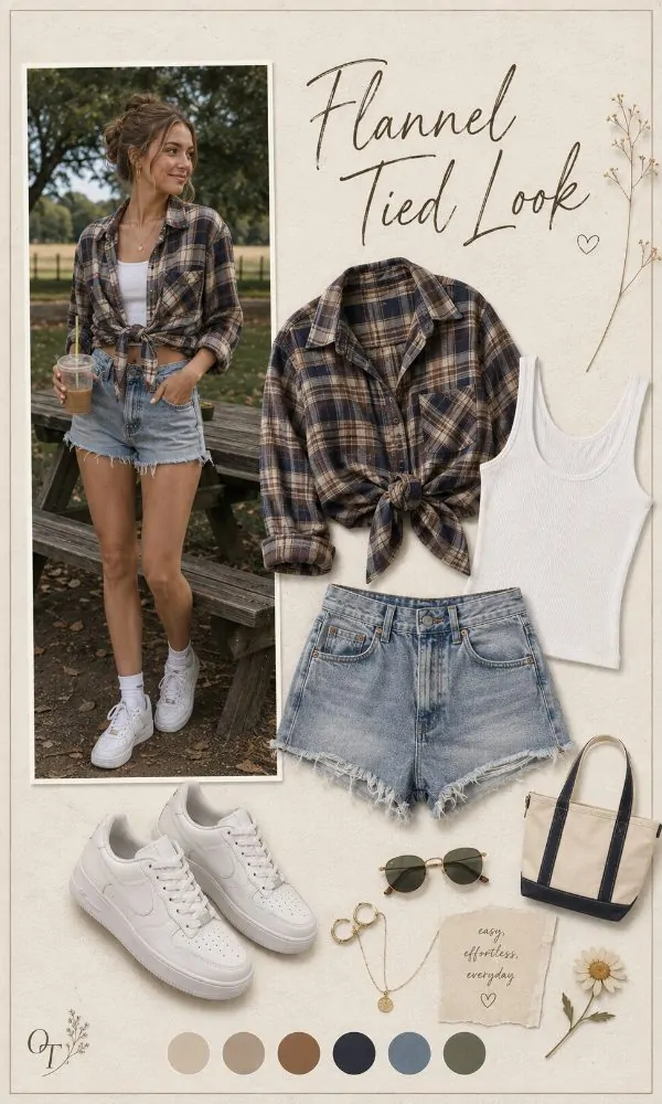 Flannel shirt tied over tank top outfit for teenage girls