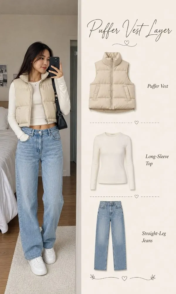 Puffer vest with straight-leg jeans outfit for teenage girls