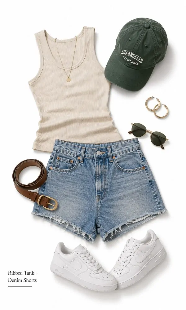 Ribbed tank with high-waisted shorts outfit for teenage girls