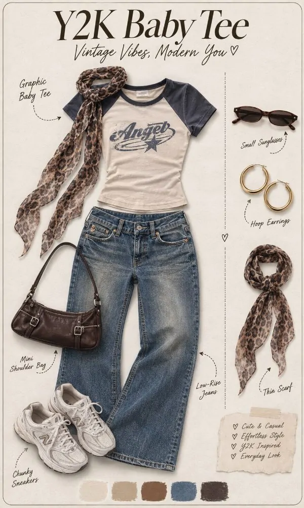 Y2K inspired baby tee with low-rise jeans outfit for teenage girls
