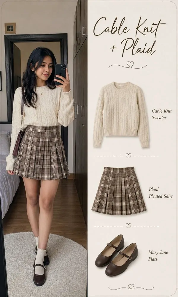Cable knit sweater with plaid skirt outfit for teenage girls