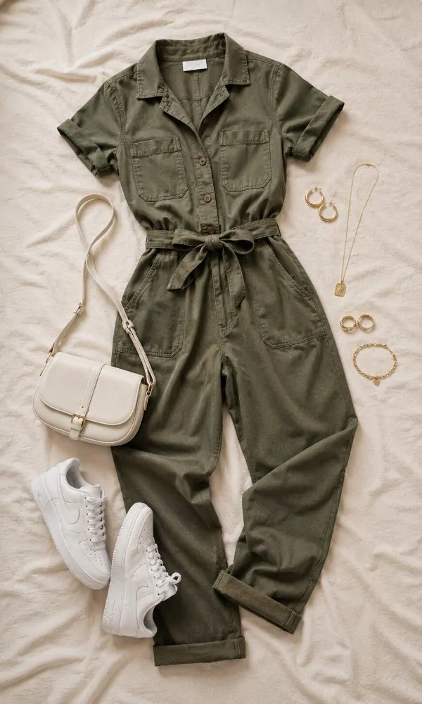 Utility jumpsuit with sneakers outfit for teenage girls