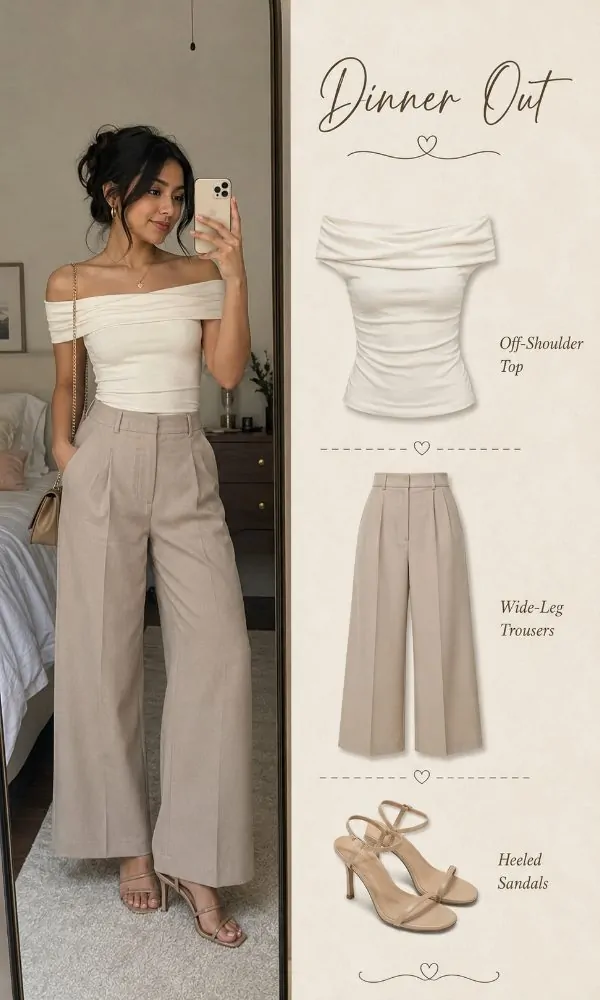 Off-shoulder top with wide-leg trousers outfit for teenage girls