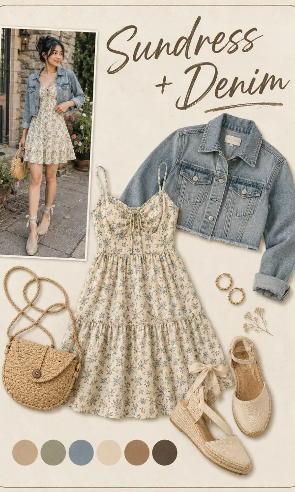 Sundress with denim jacket outfit for teenage girls