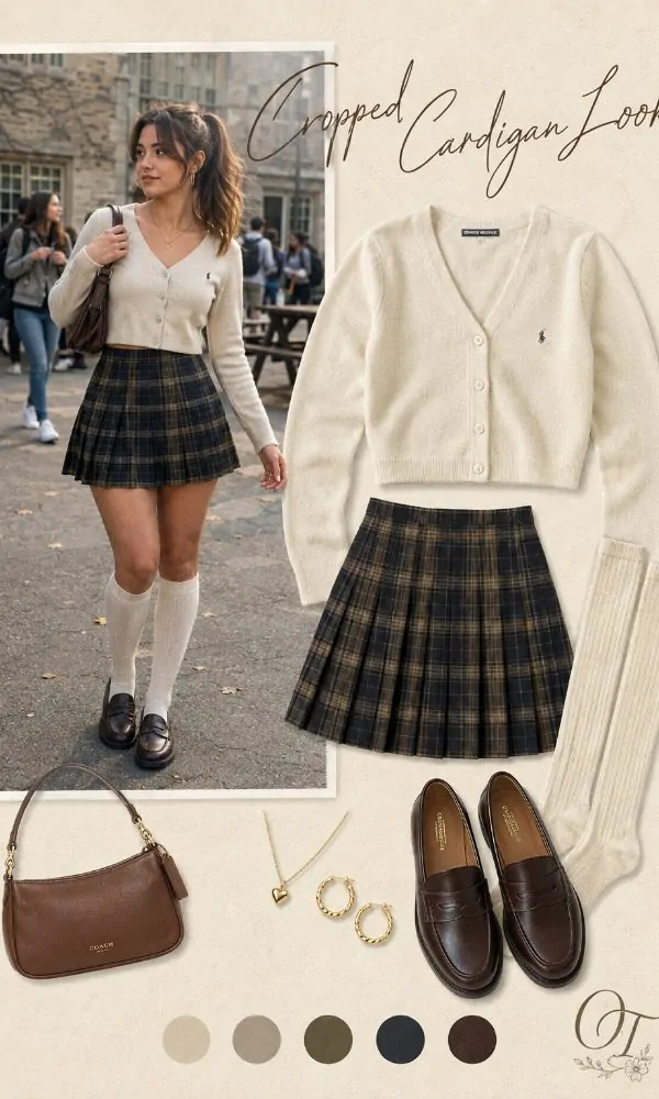 Cropped cardigan with pleated mini skirt outfit for teenage girls