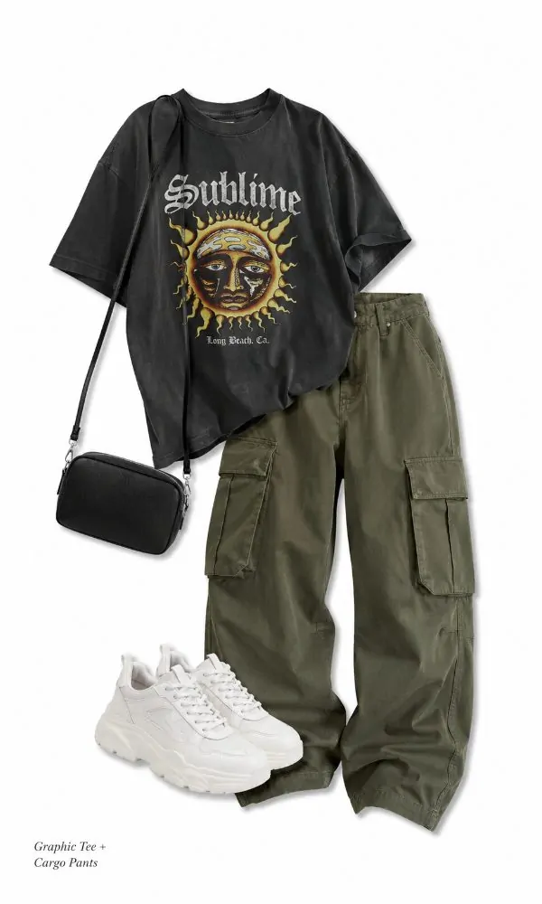 Graphic tee with cargo pants outfit for teenage girls