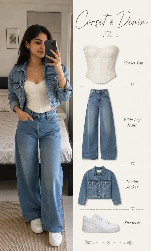 Corset top with wide-leg jeans outfit for teenage girls