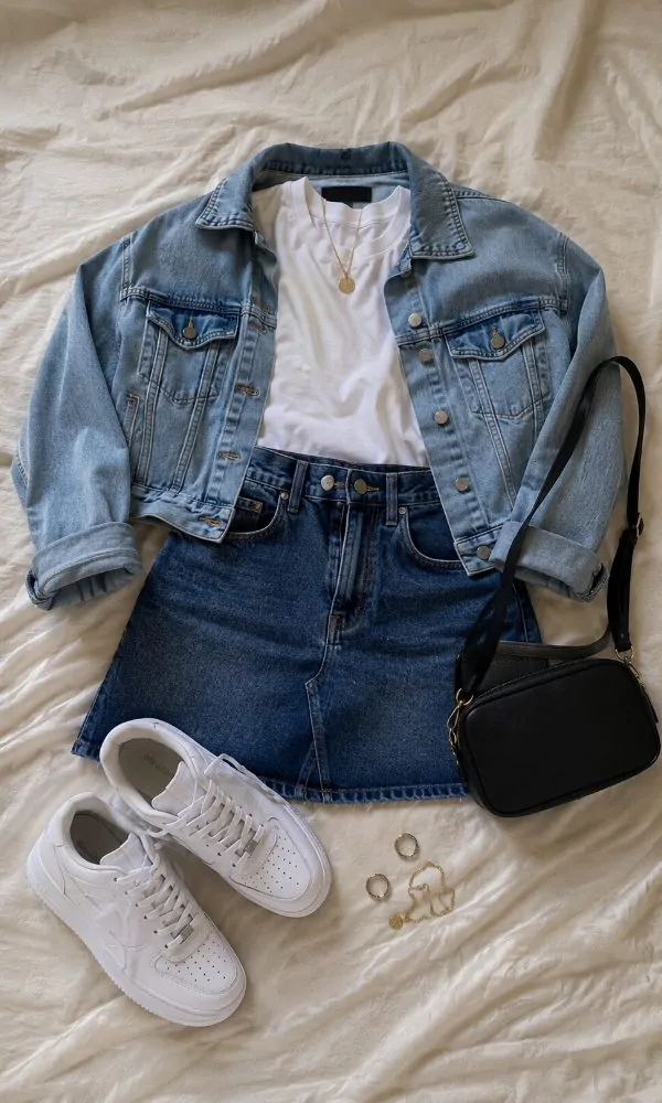 Denim on denim with cropped jacket outfit for teenage girls