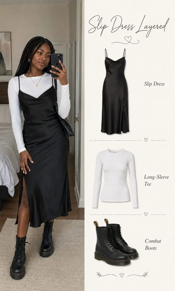 Slip dress over long-sleeve tee outfit for teenage girls
