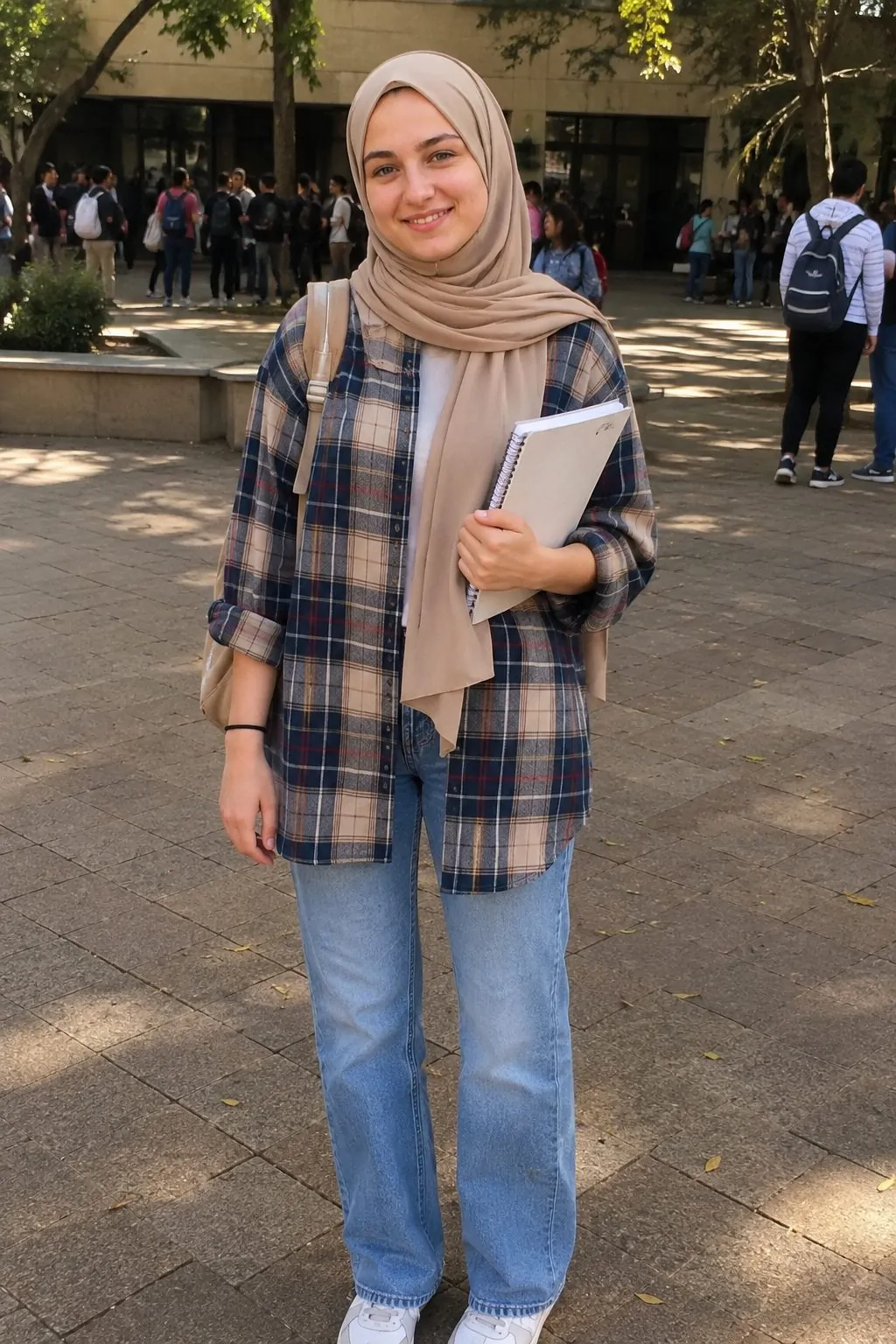 Hijabi girl in an oversized plaid shirt and jeans for casual Friday school outfit