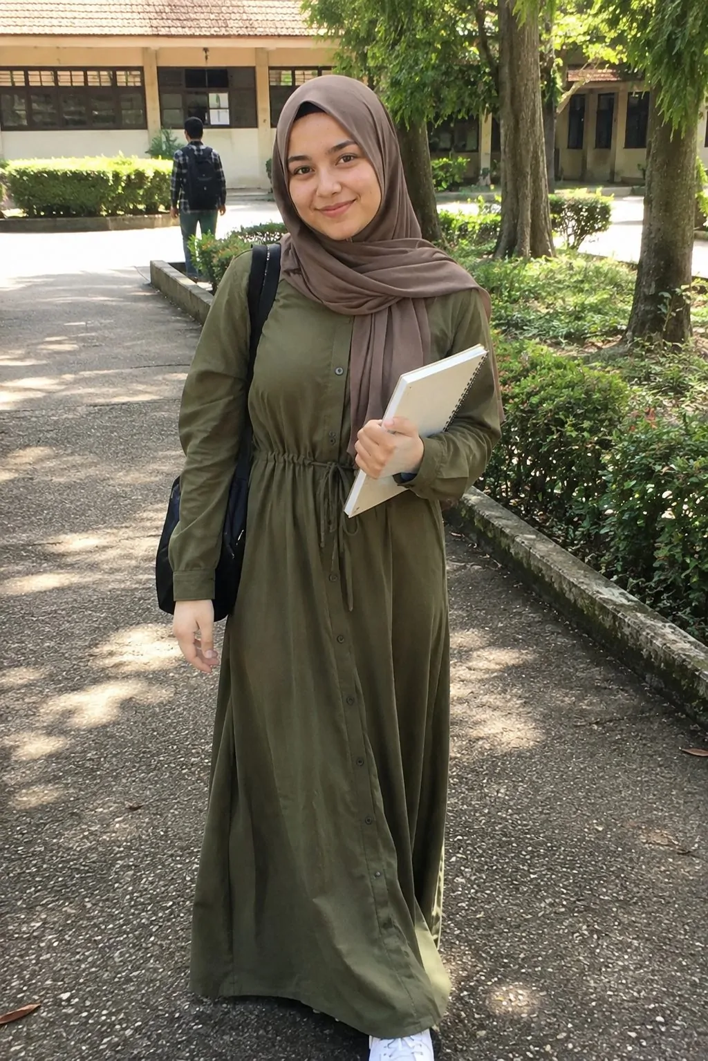 Hijabi student in an olive green button-front maxi dress