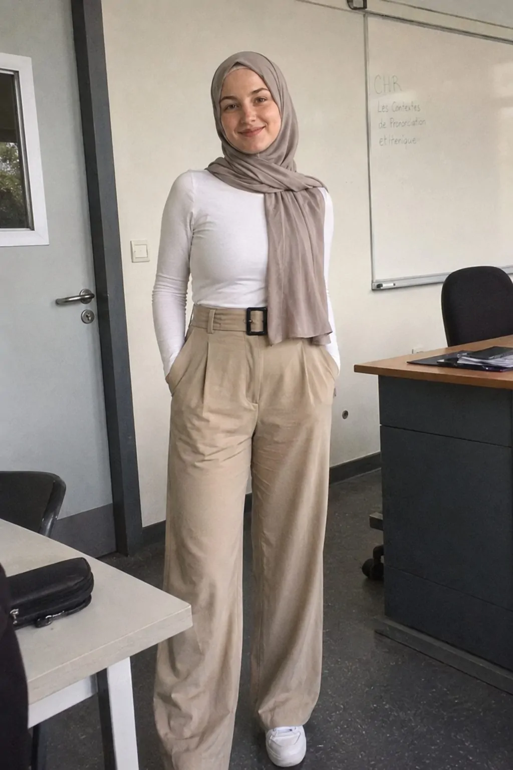 Hijabi student in high-waisted wide-leg trousers and a tucked fitted white top