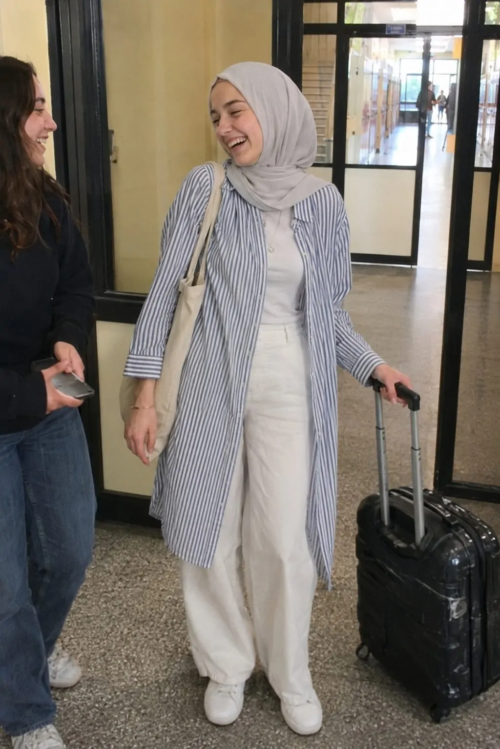 Hijabi girl in a striped shirt dress over white wide-leg pants for travel day