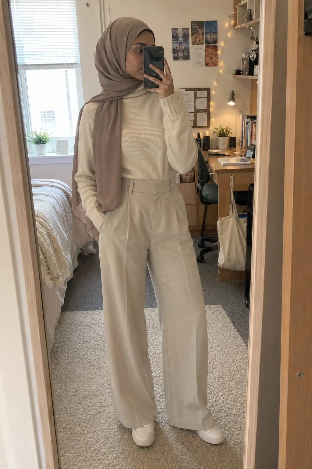 Cream Turtleneck With Wide-Leg Trousers and a Structured Hijab
