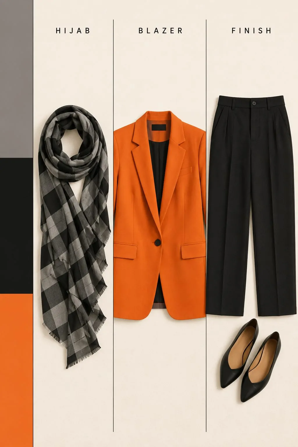 Grey Checkered Hijab With a Bright Orange Blazer