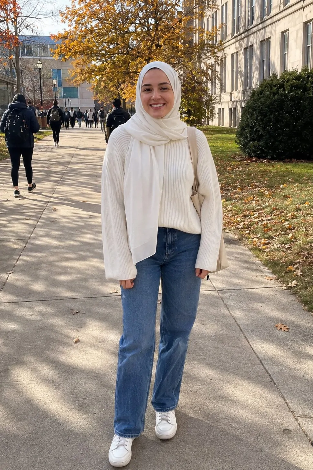 White Ribbed Sweater With Straight-Leg Jeans