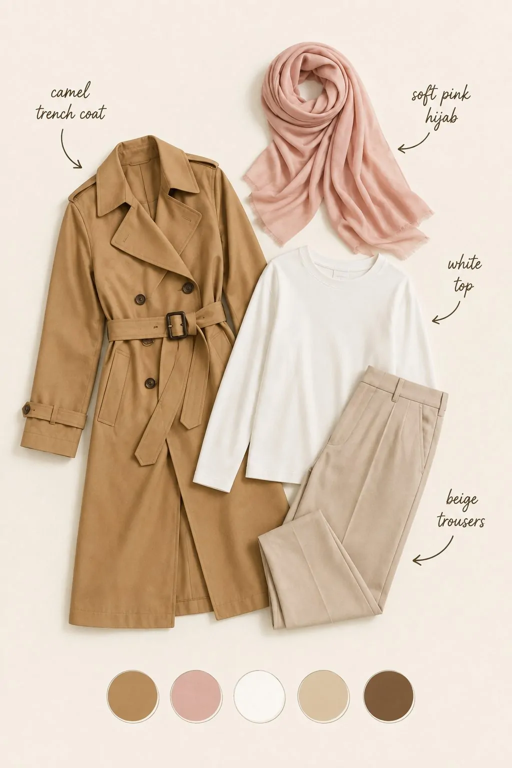Camel Trench Coat With a Soft Pink Hijab