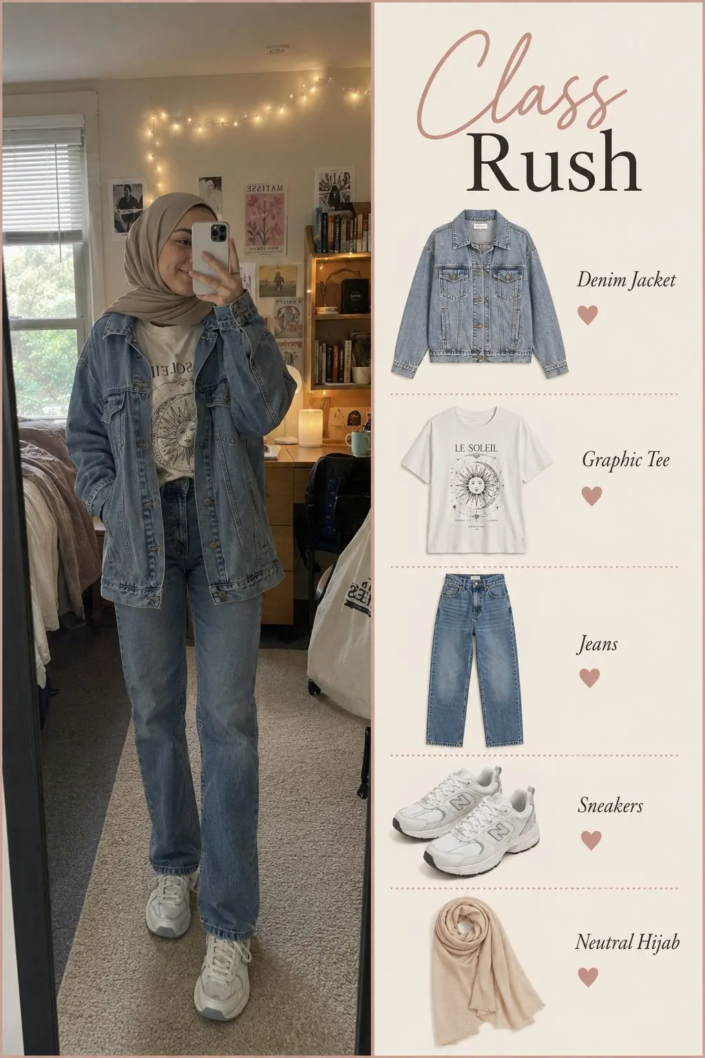 Denim Jacket Over a Graphic Tee With a Neutral Hijab