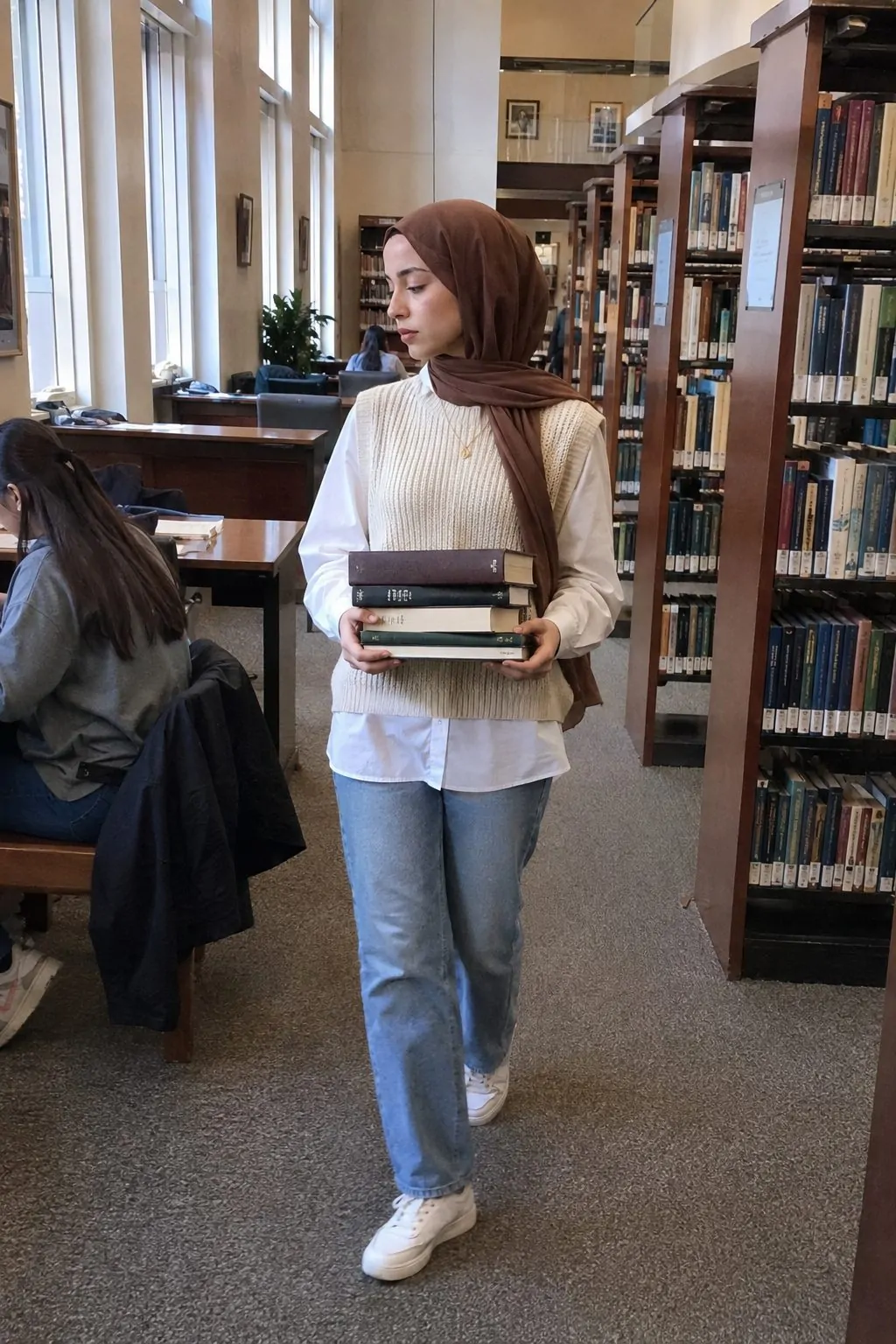 Knit Vest Over a Long-Sleeve Shirt With Straight Jeans