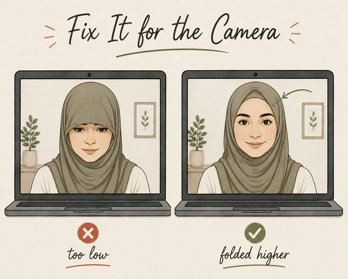 Fold the Hijab Higher on the Forehead Before an Online Class or Video Call