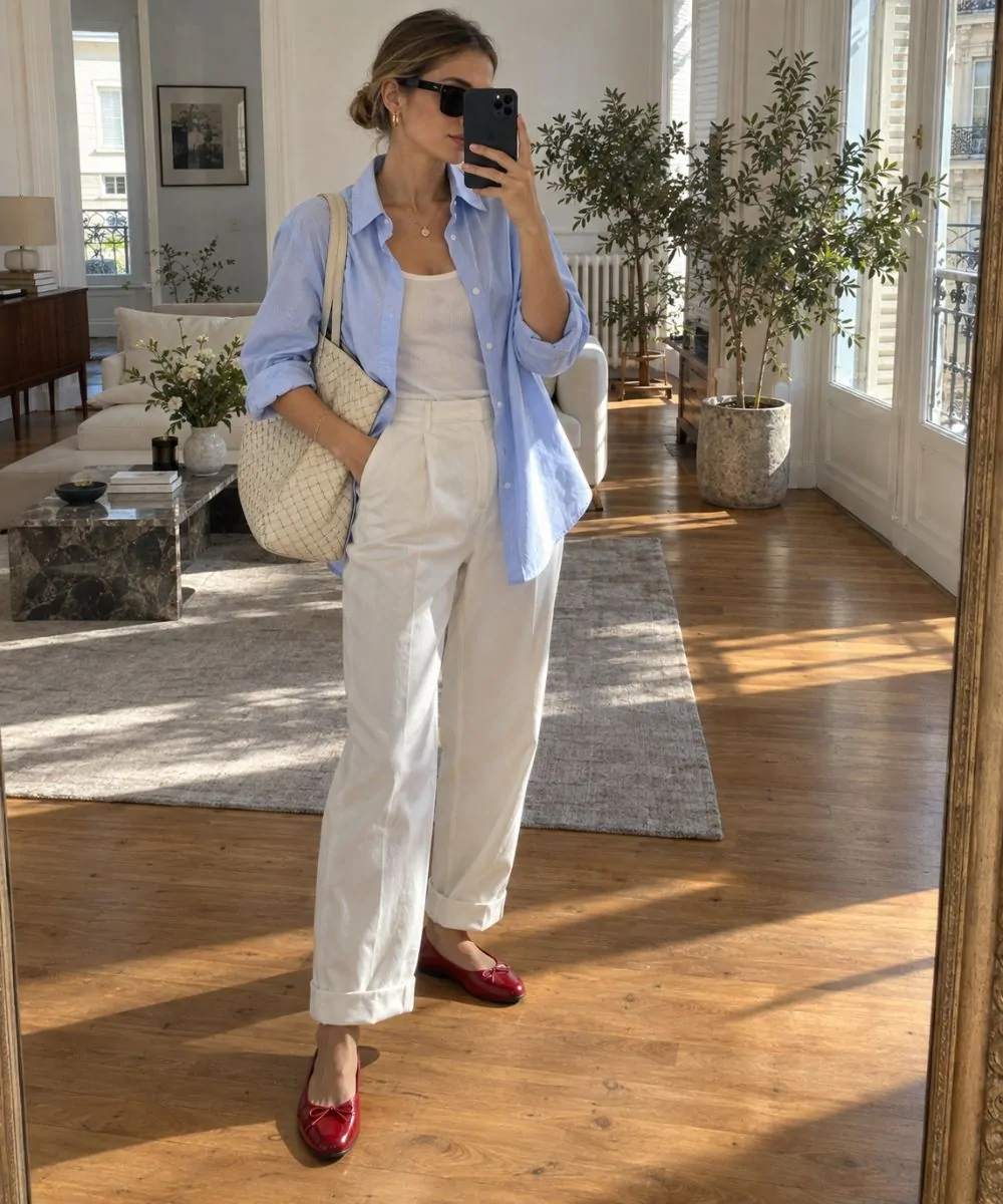 Blue shirt outfit: White Trousers and Red Flats
