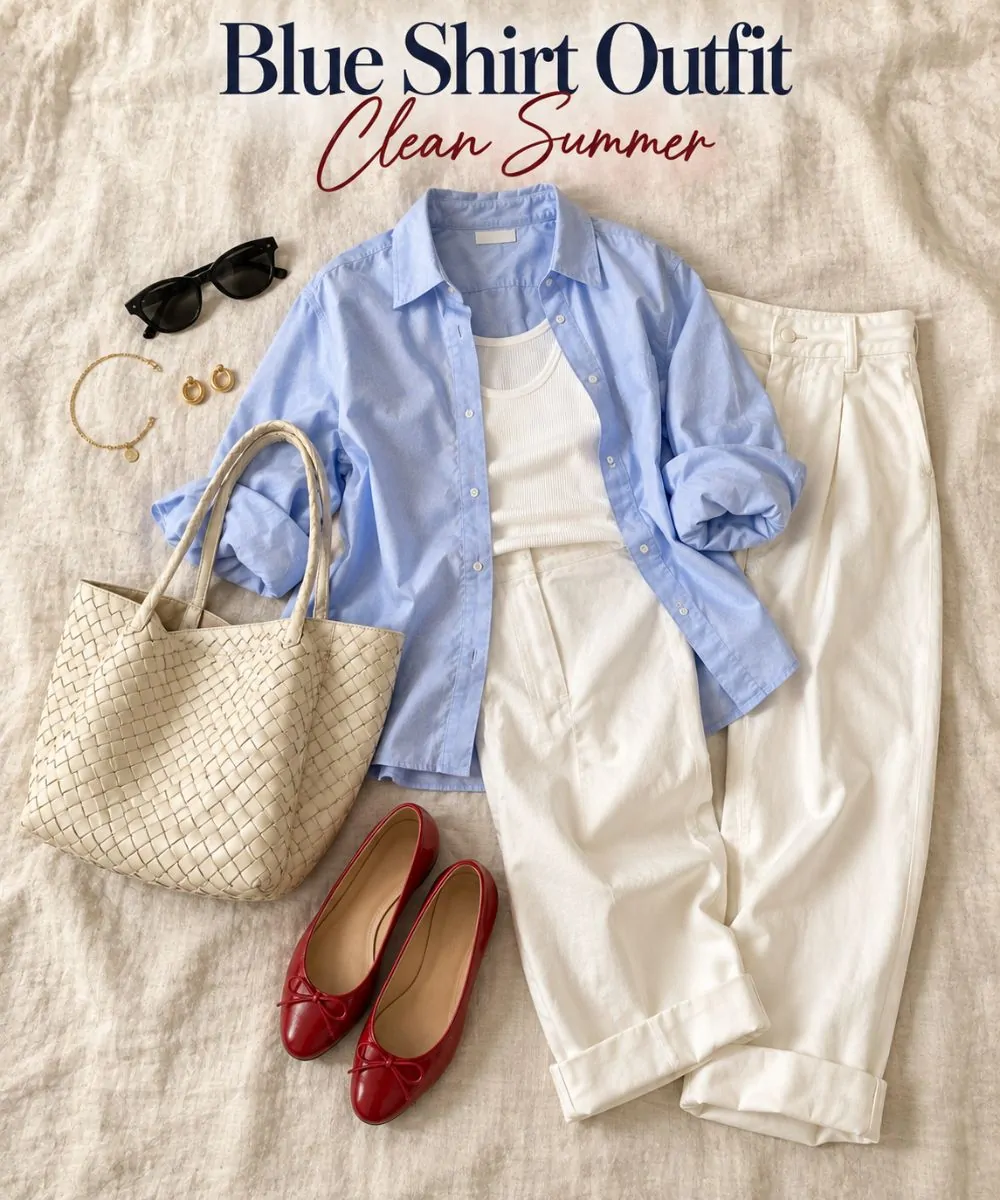 Blue shirt outfit: White Trousers and Red Flats styling collage