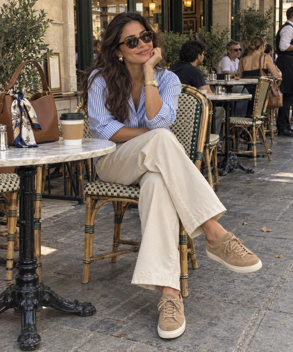 Blue shirt outfit: Striped Shirt and Beige Wide-Leg Pants