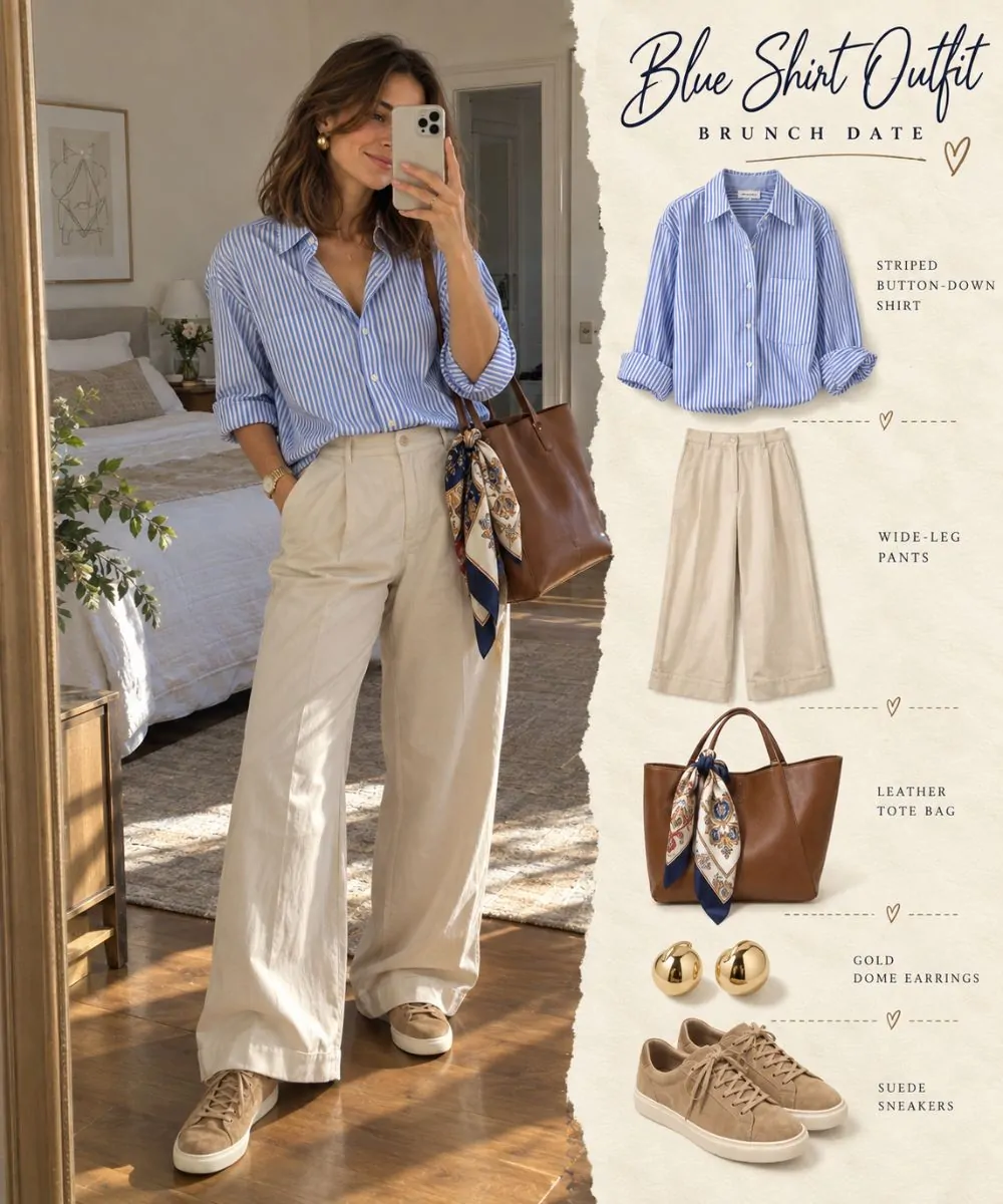 Blue shirt outfit: Striped Shirt and Beige Wide-Leg Pants styling collage