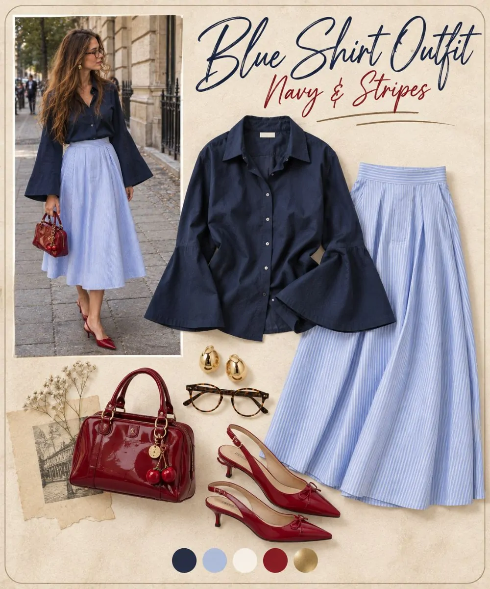Blue shirt outfit: Navy Shirt and a Striped Midi Skirt styling collage