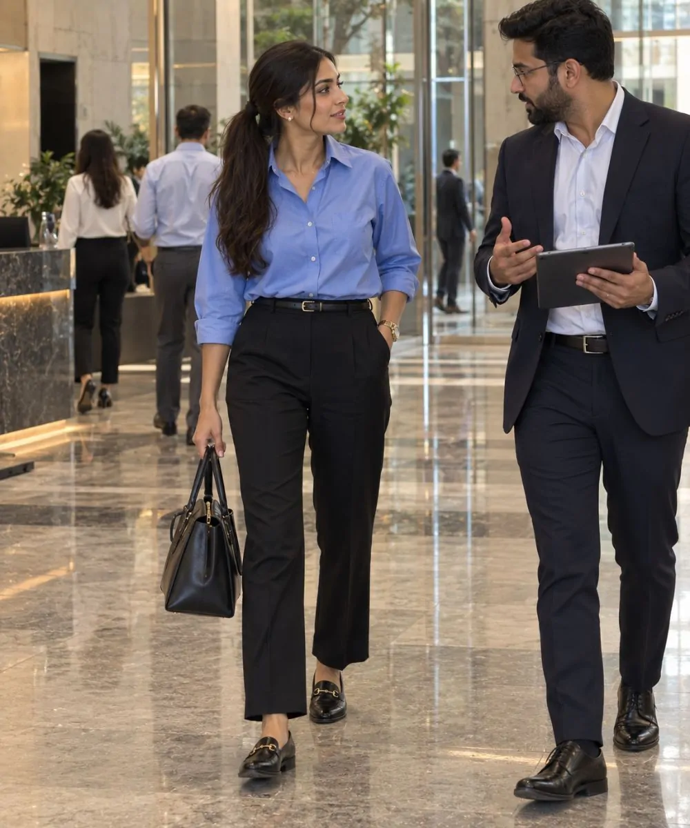 Blue shirt outfit: Black Tailored Trousers and Loafers