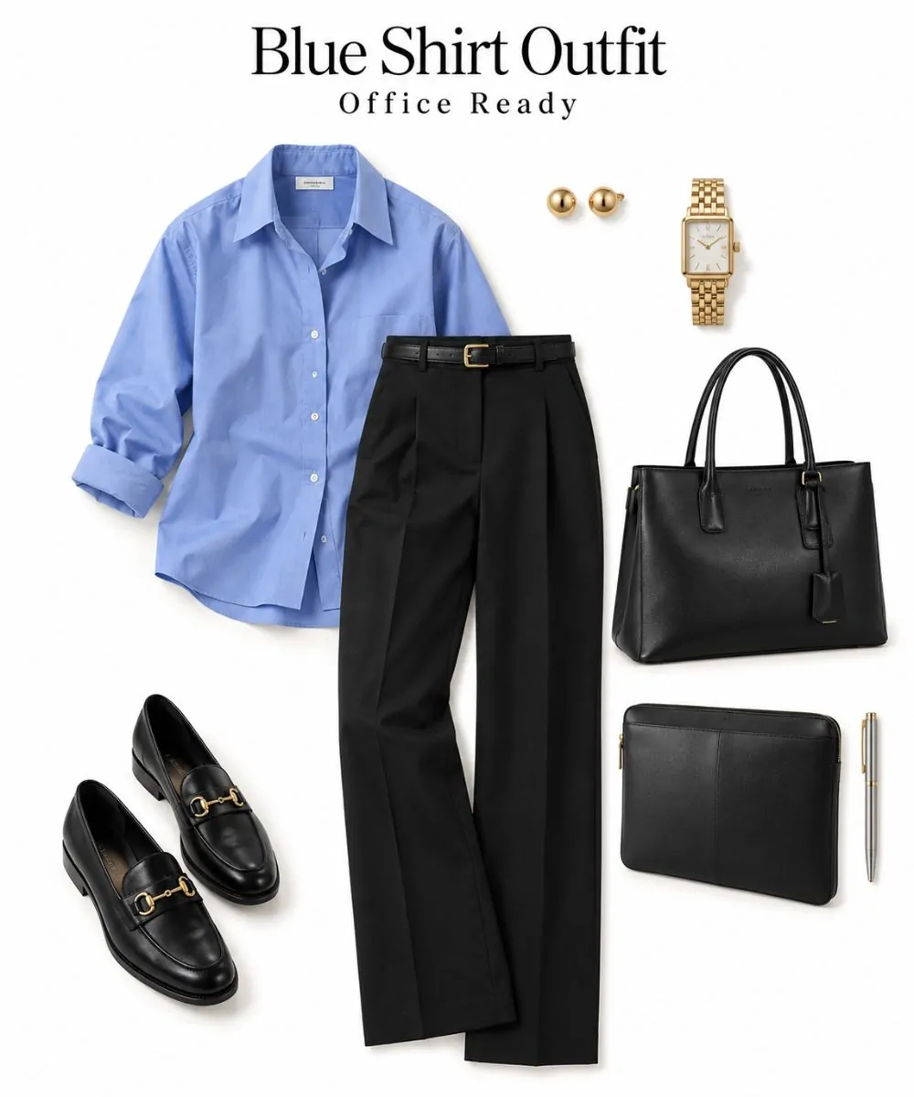 Blue shirt outfit: Black Tailored Trousers and Loafers styling collage