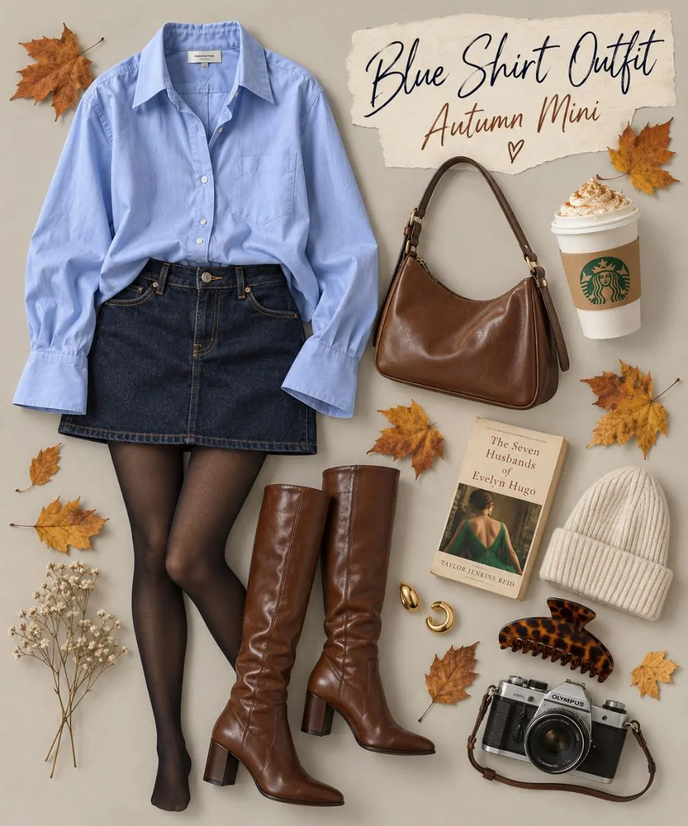 Blue shirt outfit: Denim Mini Skirt and Knee Boots styling collage