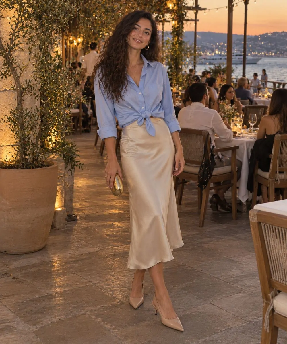 Blue shirt outfit: Satin Slip Skirt and Kitten Heels