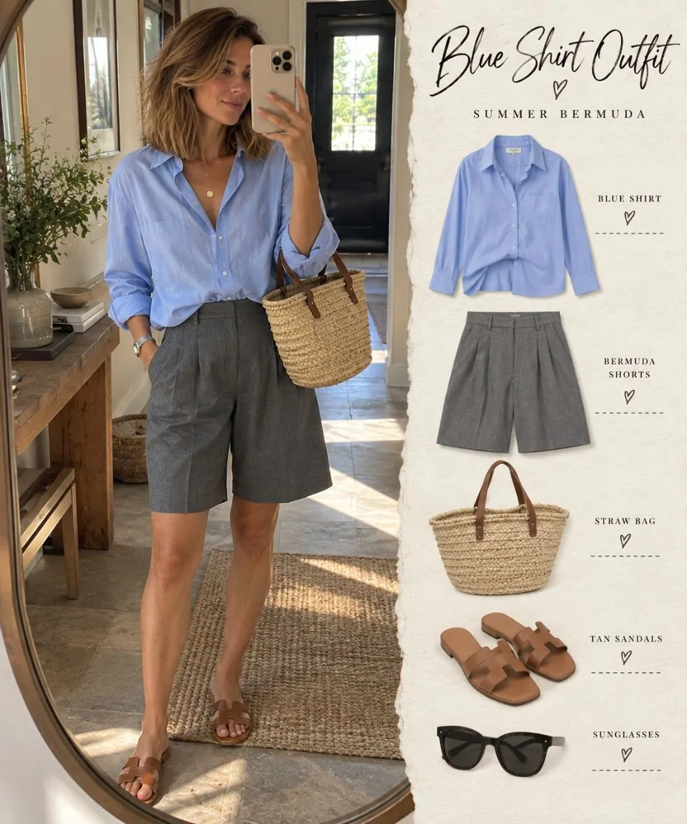 Blue shirt outfit: Grey Bermuda Shorts and Leather Sandals styling collage
