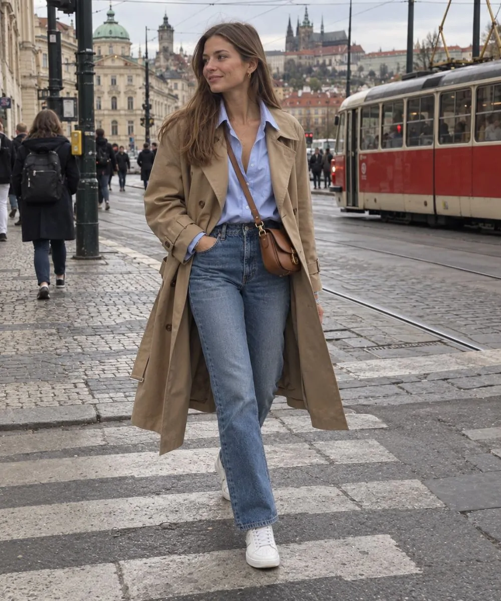 Blue shirt outfit: Under a Camel Trench Coat