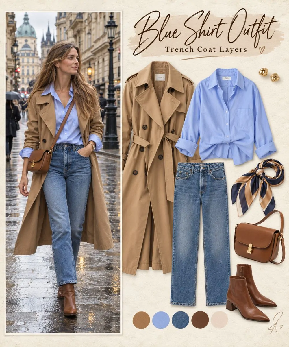 Blue shirt outfit: Under a Camel Trench Coat styling collage
