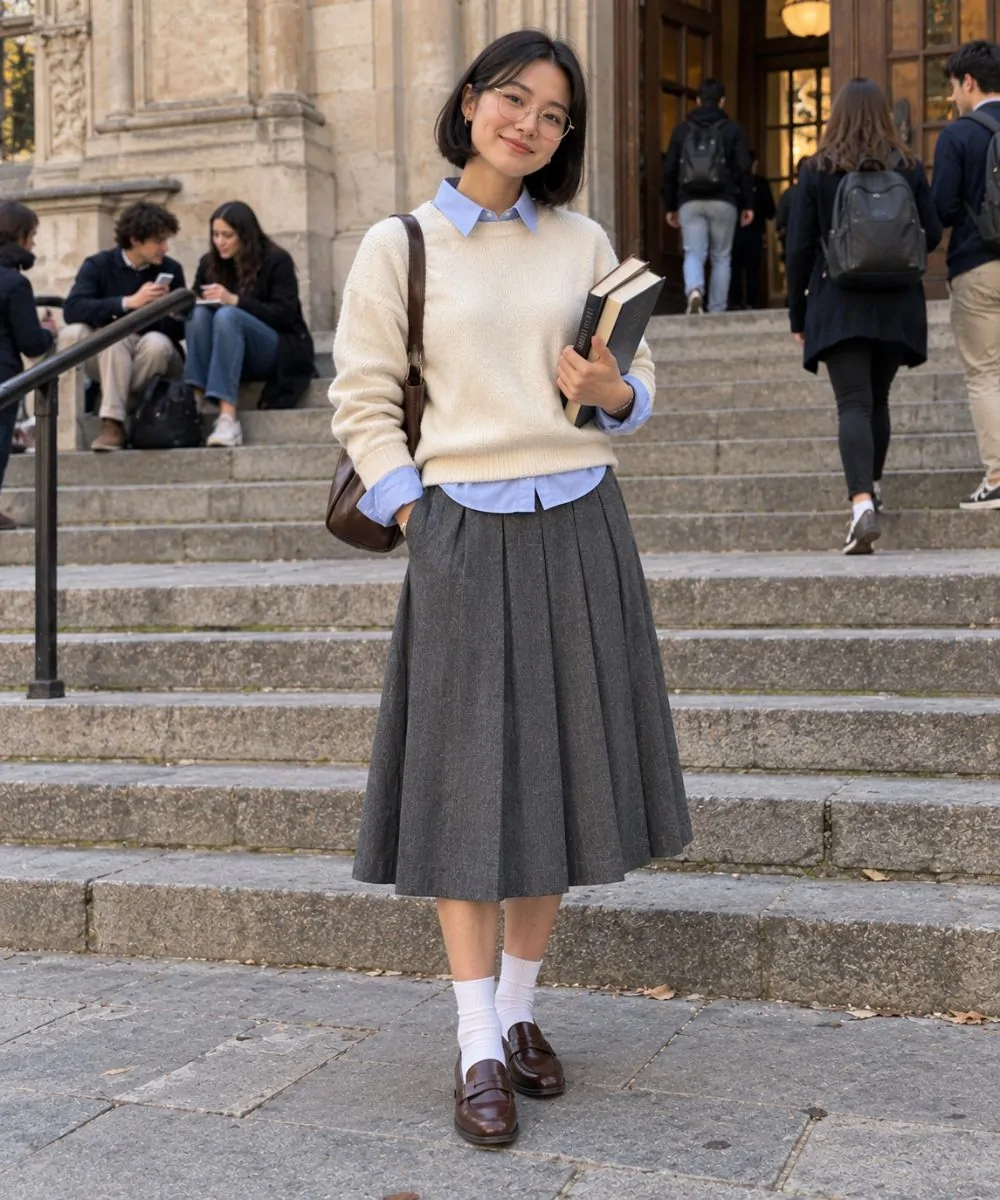 Blue shirt outfit: Under a Crewneck Sweater With a Pleated Skirt