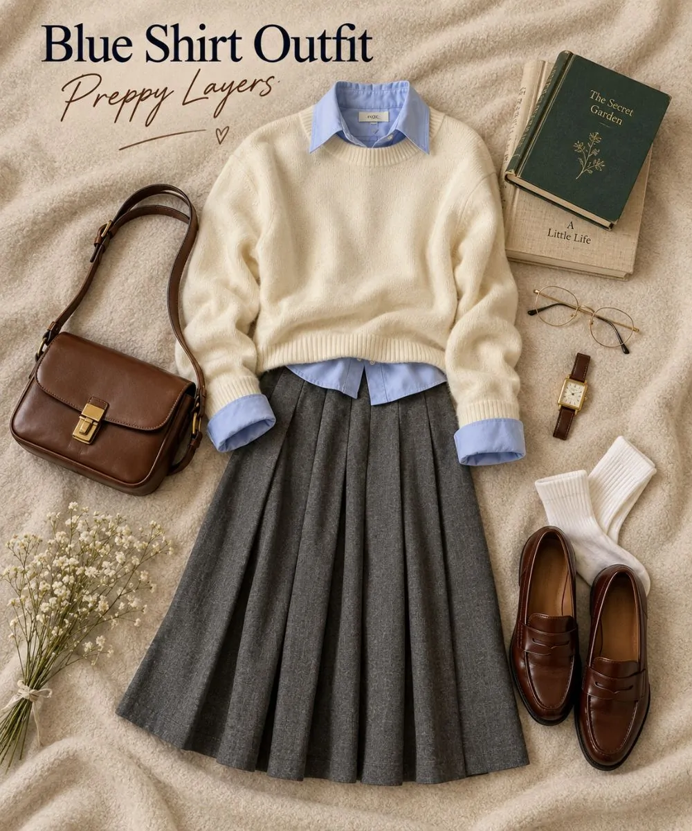 Blue shirt outfit: Under a Crewneck Sweater With a Pleated Skirt styling collage