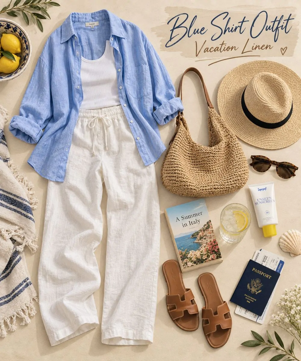 Blue shirt outfit: Open Over a Tank With Linen Pants styling collage