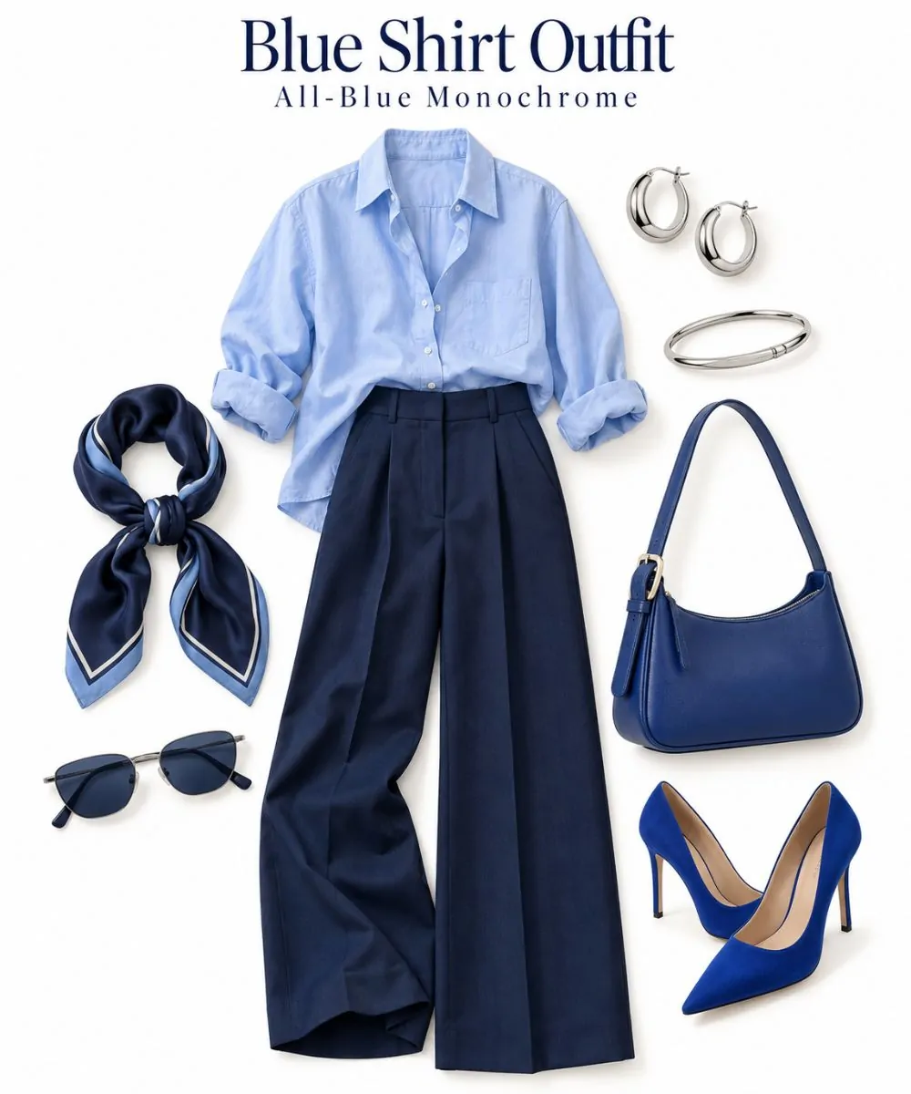 Blue shirt outfit: All-Blue Monochrome styling collage