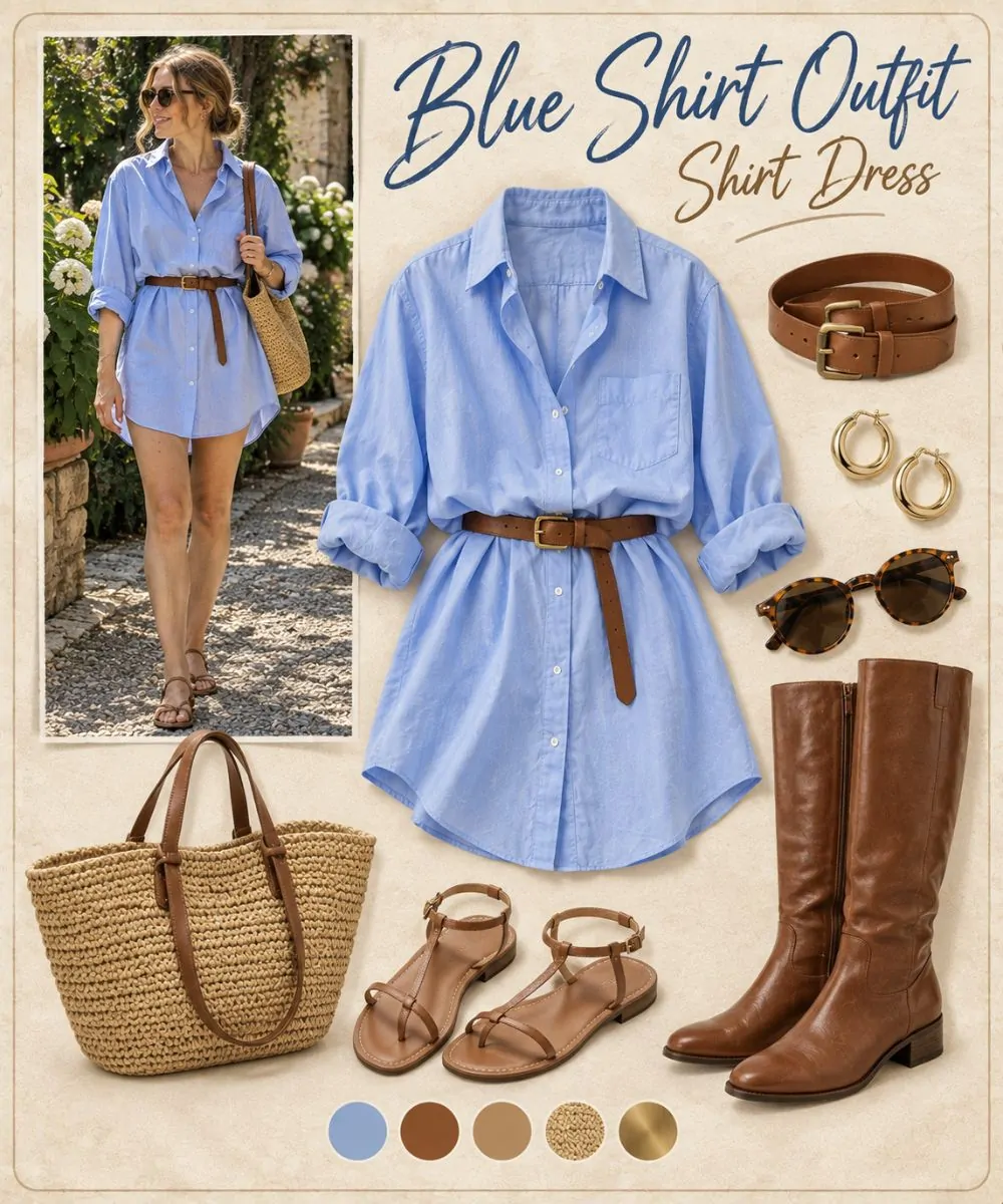 Blue shirt outfit: Belted as a Shirt Dress styling collage