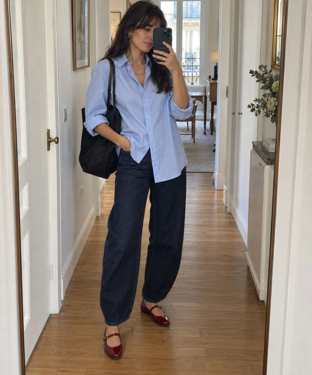 Blue shirt outfit: Barrel Jeans and Red Mary Janes