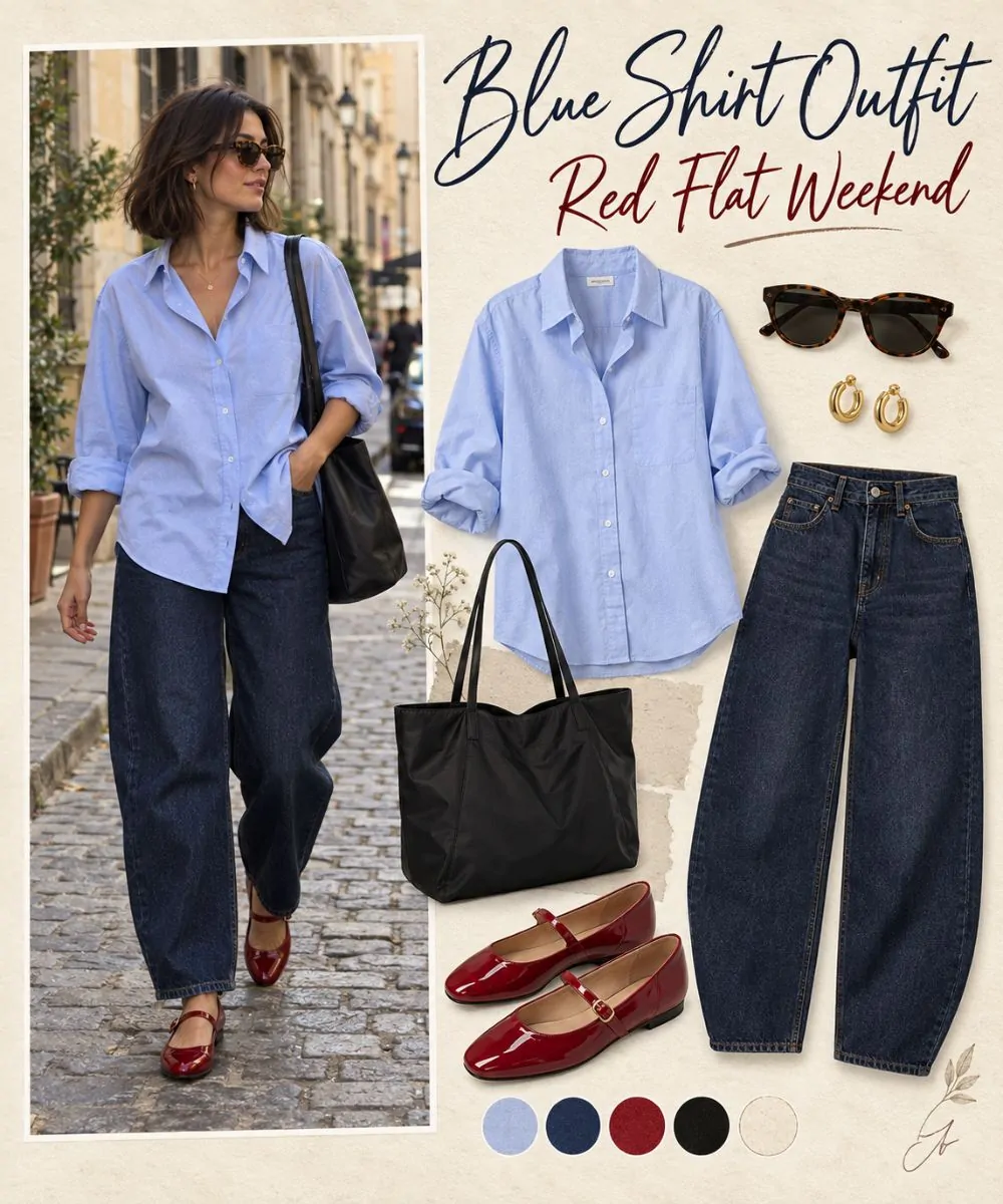 Blue shirt outfit: Barrel Jeans and Red Mary Janes styling collage