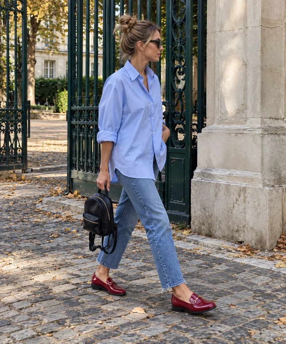 Blue shirt outfit: Cropped Straight Jeans and Red Loafers