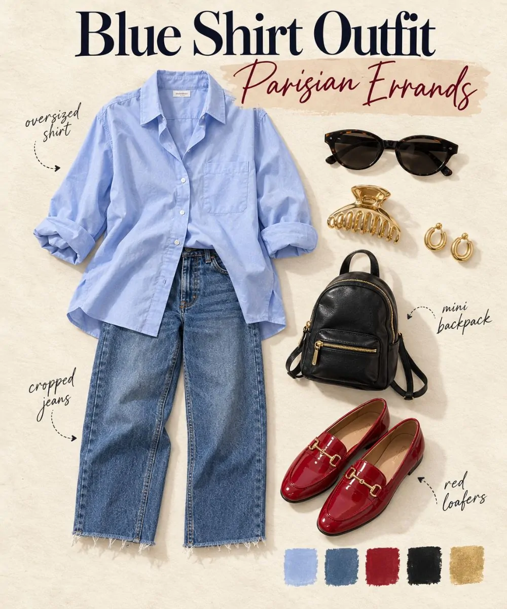 Blue shirt outfit: Cropped Straight Jeans and Red Loafers styling collage