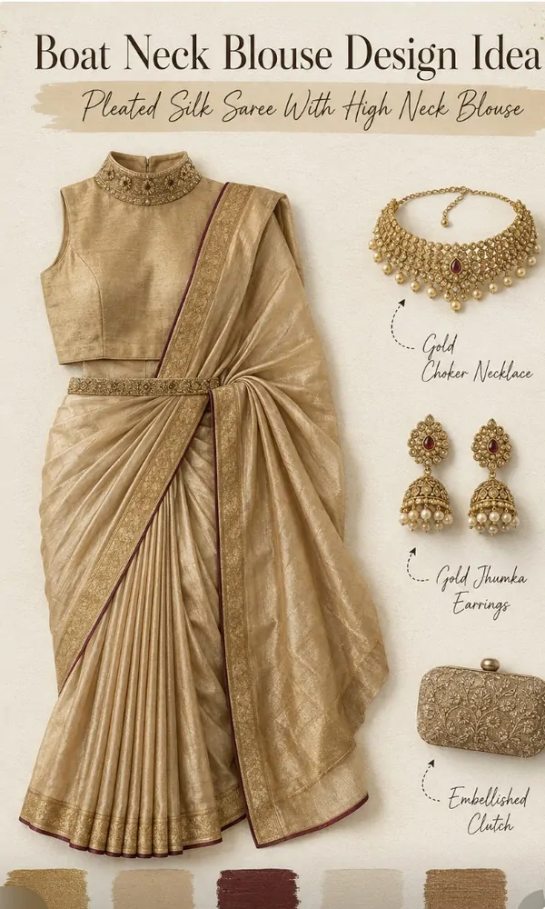 Pleated Silk Saree with High Neck Blouse - Boat Neck Blouse Design Idea
