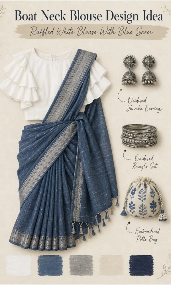 Ruffled White Blouse with Blue Saree - Boat Neck Blouse Design Idea