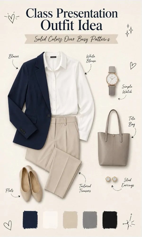 Solid Colors Over Busy Patterns - Class Presentation Outfit Idea